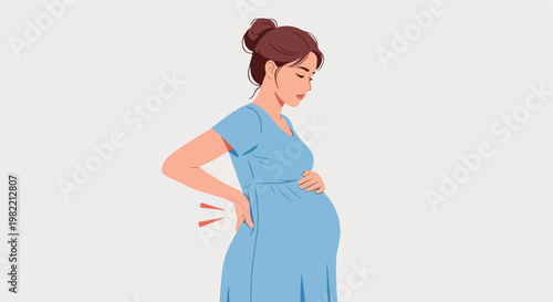 Illustration of pregnant woman in blue dress with painful lower back ache issue