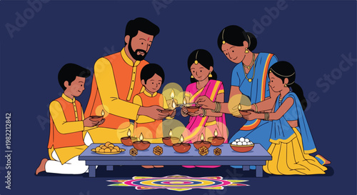 Indian family in traditional dress lighting oil lamps for the Diwali celebration