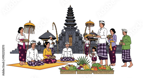 Balinese people perform a traditional ceremony at a stone Hindu temple complex