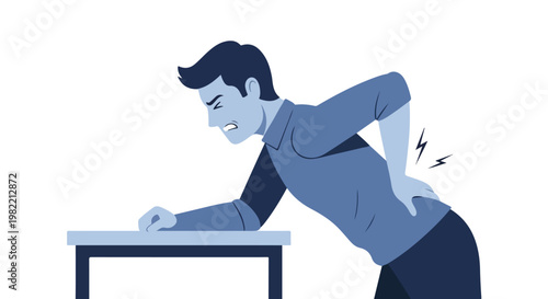 A man experiencing sharp lower back pain leaning on a table in a blue flat style