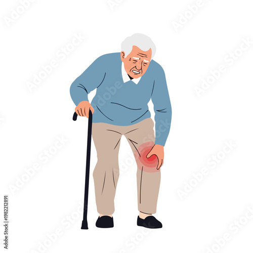 Elderly man with white hair experiencing knee pain, leaning on a walking cane