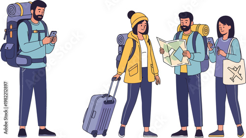 Group of Diverse Young Travelers With Backpacks Luggage and Maps Vector Illustration