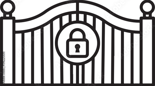 Stylized black and white line of a gated entrance with a central padlock symbol, representing security and restricted access