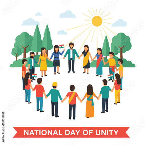 Diverse group of Indian people holding hands in a circle for National Unity Day