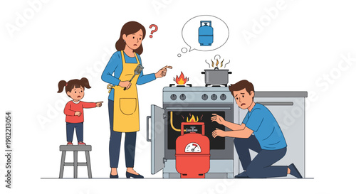 Family panics as a gas cylinder leaks near a kitchen stove with an active flame