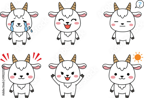 Cute Goat Cartoon Character Emotions Set with Different Facial Expressions Adorable Farm Animal Illustration Collection for Kids and Sticker Design