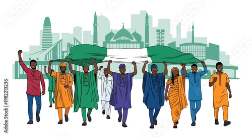 Nigerians in colorful traditional robes hold a giant flag against a city skyline