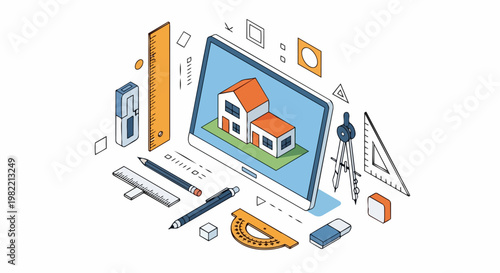 Isometric Architectural Design and Engineering Concept with 3D House Model on Tablet, Blueprints, and Drafting Tools on White Background