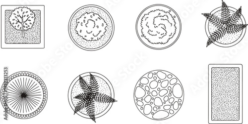 Set of Eight Architectural Top View Plant Icons for Landscape Design Projects
