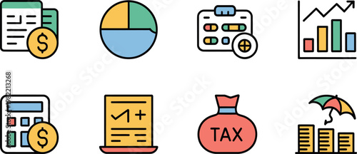 Financial analysis and accounting icon set with tax bag and budget charts symbols in flat outline vector illustration.