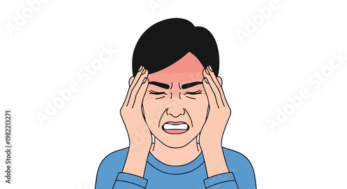 Illustration of a person holding their temples in pain with a red forehead