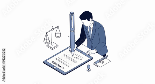 Isometric Businessman Signing Digital Contract on Tablet with Scales of Justice Illustration