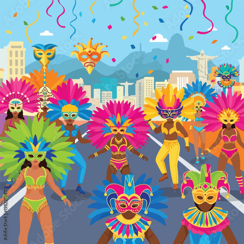 Colorful Brazilian carnival parade with dancers in feathered costumes in Rio