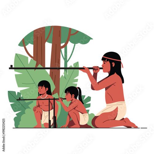 Indigenous family using blowguns for hunting in a lush tropical jungle landscape