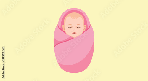 A peaceful sleeping newborn baby wrapped in a pink swaddle on light background