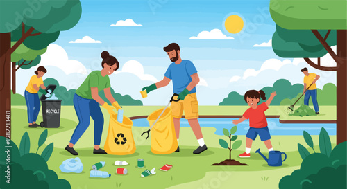 Diverse group cleaning park, picking up trash in bags, and planting a small tree