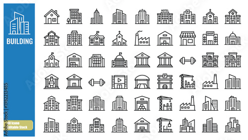 Building web icons in line style. Hotel, hospital, mall, coffee, apartament, city, town house,  collection. Editable stroke.  Vector illustration.
