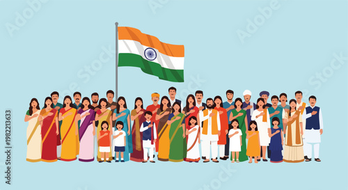 Group of diverse Indian people in traditional clothing with the national flag