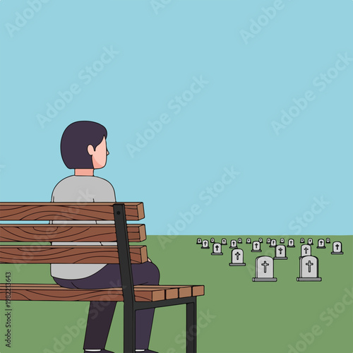 Person sitting on a wooden bench looking at rows of headstones in a cemetery
