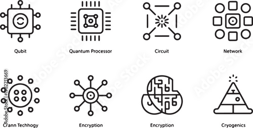 Set of quantum technology and data encryption linear icons including network cryogenics processor and circuit symbols. vector illustration