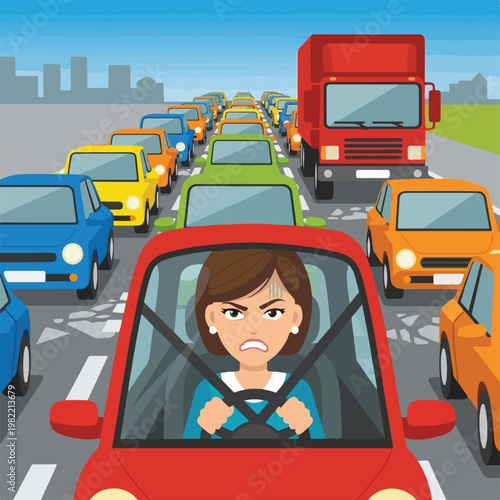 Frustrated woman driver stuck in a long queue of colorful cars during rush hour