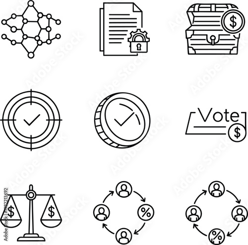 Business Finance Icon Set Featuring Justice Scales, Secure Documents, Voting Symbols, Financial Treasure, Networking, Market Trends, and Corporate Strategy Vector Illustrations