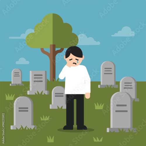 A sad man in white shirt crying while standing in cemetery with many gravestones