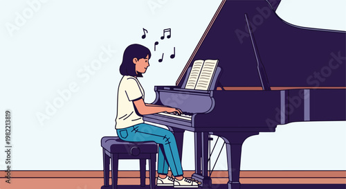 A young female artist playing a grand piano with musical notes in a simple room