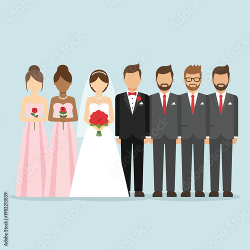 A flat vector illustration showing a bride and groom with their wedding parties