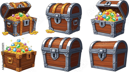 Colorful treasure chests filled with assorted jewels and gold coins Vector