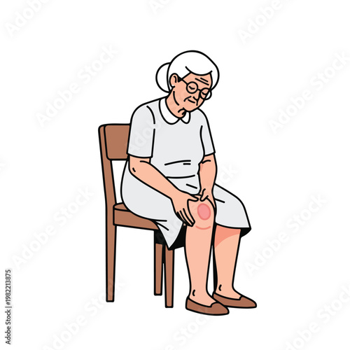 Elderly woman sitting on a wooden chair, holding her painful injured knee joint