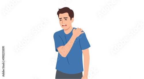 A vector illustration of a young man touching his aching shoulder in severe pain