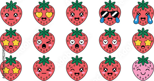 Cute strawberry emoticon collection featuring various facial expressions including heart eyes cool sunglasses crying and happy fruit characters for stickers and nursery design.