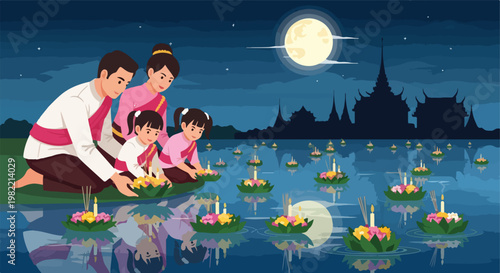 Thai family floats krathongs on river under full moon for Loy Krathong festival