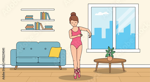 A young ballerina practicing her moves in a cozy sunny home living room setting