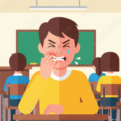 Student in classroom experiencing a painful toothache while sitting at his desk