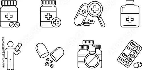 Medical Pharmacy Icon Set Featuring Pill Bottles, Capsules, Blister Packs, Healthcare Magnifying Glass Research, Patient Medication, and Drug Dosage Illustrations