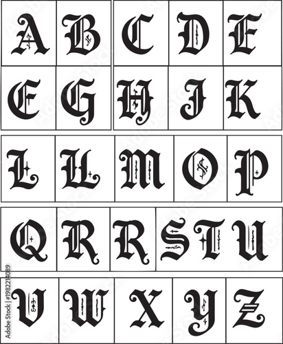 Konstfotografi Classic Old English Gothic Alphabet: Ornate Blackletter Calligraphy Vector Set