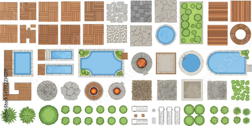Top Down Landscape Design Elements Set Featuring Pools Patios And Garden Vegetation