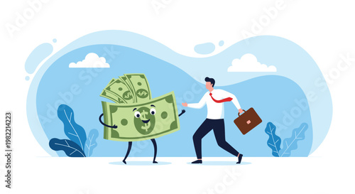 Happy businessman chasing a walking dollar bill character representing the pursuit of wealth, financial success, and high earnings in career.