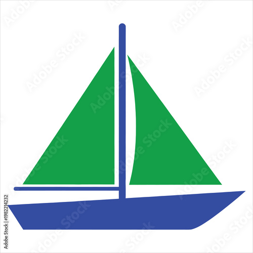 Sailboat graphic illustration represents a maritime travel concept featuring a blue hull and green sails on a white background.