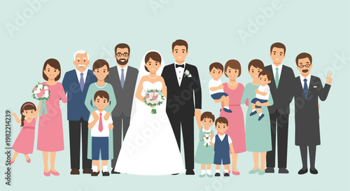 Illustration of big multi-generational family celebrating at a wedding ceremony