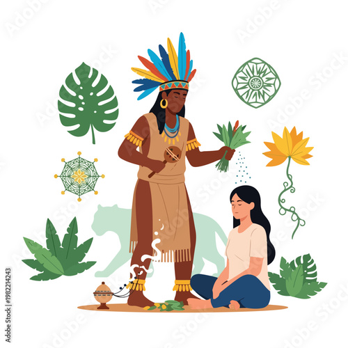 Shamanic healer performing a sacred ritual on woman with herbs and incense smoke