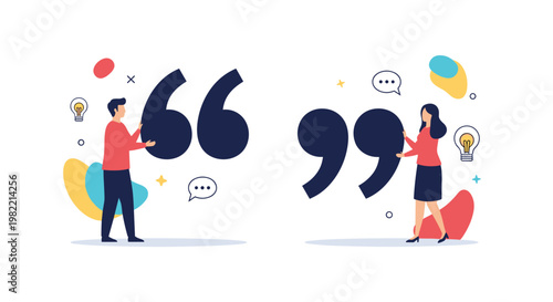 Male and female professionals holding giant quotation marks representing communication, testimonials, customer reviews, and dialogue in business.