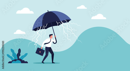 Determined businessman walking through a storm holding a large umbrella that deflects lightning strikes representing risk protection and resilience.