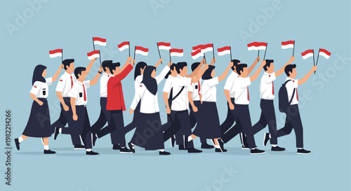 Indonesian students in uniforms marching and waving national red and white flags
