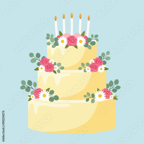 Dripping yellow tiered cake with pink roses, white daisies and five lit candles