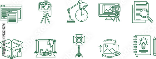Photography Professional Studio Icon Set Featuring Camera Tripod, Studio Lighting, Product Photo Session, Photo Editing, Creative Ideas, and Multimedia Equipment Graphics