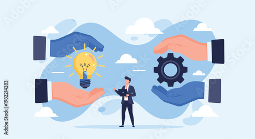 Giant protective hands cradling a bright lightbulb and a mechanical gear representing the nurturing of ideas, innovation, and technical processes.