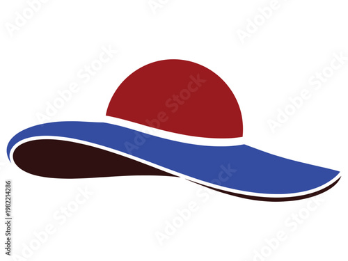 Sun hat featuring a red crown and blue brim represents classic summer headwear in a flat graphic.